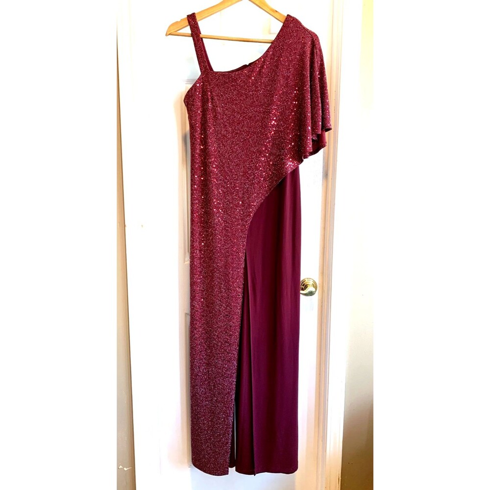 R&M Richards Sequin One Shoulder Jumpsuit 8 Merlot Burgundy Wine Formal Event
